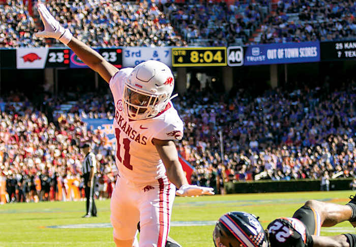 Arkansas Razorbacks defensive back Jaylon Braxton breaks up a pass intended Florida Gators wide receiver Kahleil Jackson.